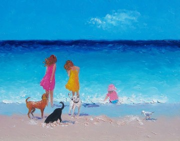  dog Art - girls and dogs at beach